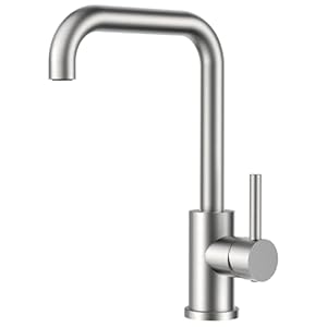 FORIOUS Wasserhahn Küche, Küchenarmatur mit 360°Drehbar, L Förmige Mischbatterie Küche Spülenarmatur mit Einhebel für 1 Loch, Geeignet für den Einsatz in Familienküchen, Wohnmobilen, Edelstahl