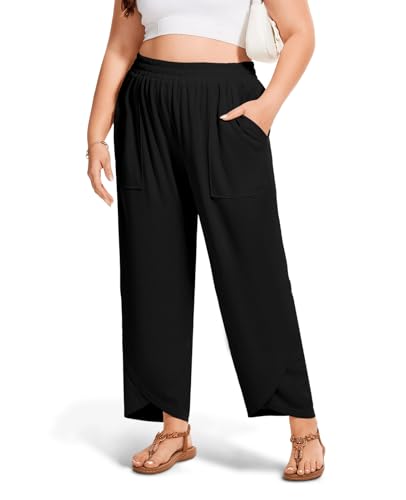 Moon Wood Womens Plus Size Wide Leg Pants Casual Elastic Waisted Summer Pants with Pockets Baggy Lounge Trousers Slacks