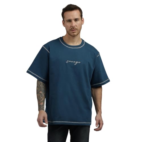 Image of BE SAVAGE 240 GSM Ultra Premium Heavyweight Oversized T Shirt for Men with Embroidered Savage in Front Drop Shoulder T Shirts for Men Embroidery T Shirt