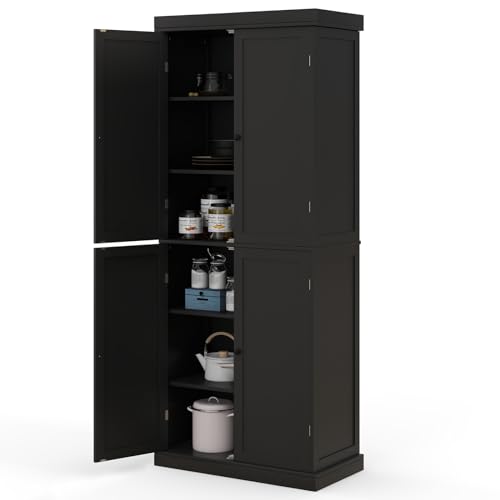 COSTWAY Aparador Alacena de Cocina, Armario de Almacenamiento para Salón con 4 Puertas y 6 Estantes, Armario Moderno Independiente de Madera, Mueble Auxiliar de Cocina para Sala de Estar (Negro)