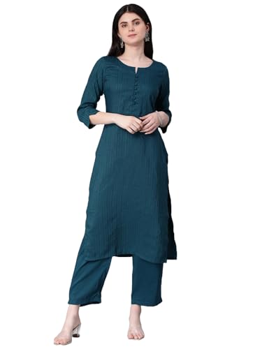 Image of Hritika Self Design Viscose Rayon Teal Kurta & Trousers Set (HRKB0048TEAL XS)