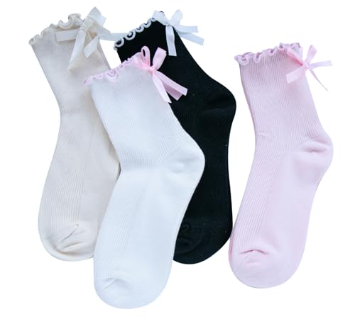 Image of Womens Bow Socks Ruffle Casual Crew Black Whitte Soft Breathable Cotton 4 Pairs Socks