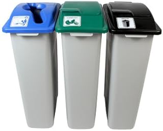 Waste Wise 69 Gallon Recycled HDPE Waste and Recycling Center for Commercial Spaces for Mixed Recycling, Organics, and Waste with Lids Grey