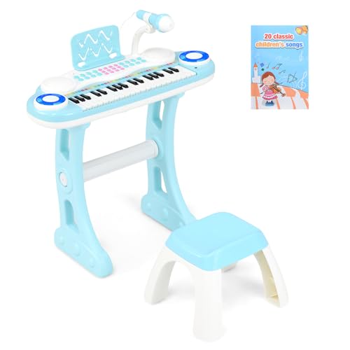 COSTWAY 37-Key Kids Electronic Keyboard with Stool, Microphone, Flashing Lights, Record & Playback, Musical Instrument Toy Piano for Boys Girls (Blue)