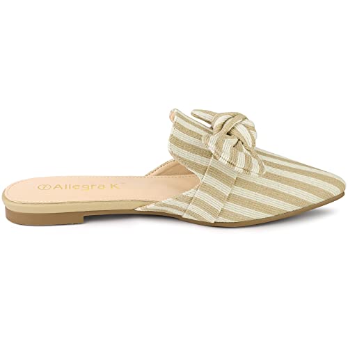 Allegra K Women's Pointed Toe Slip On Flat Stripe Bow Beige Slides Mules 8 M Us #TOP6