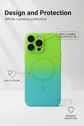 Image of amazon basics Gradient Mag-Safe Case for iPhone 16 Pro Max | Soft Silicone Shockproof Cover with Camera Protection | Slim Lightweight Design | Smooth Touch & Durable - Green & Blue