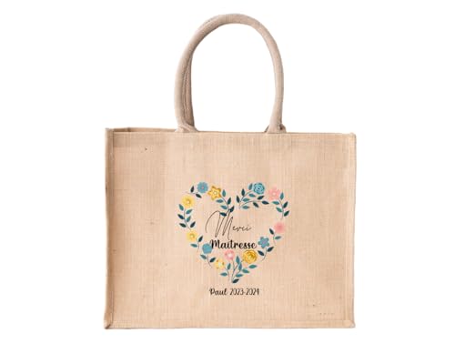 Sac en Jute Merci Maîtresse – Couronne de Fleurs Cœur – 42x30 cm – Personnalisé avec Prénom Enfant – Cadeau Fin d’Année Scolaire