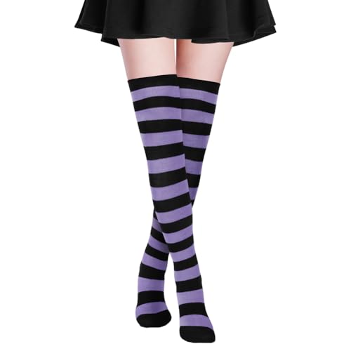 Alaoo Chaussettes à Rayures au-dessus du Genou pour l'automne et l'hiver de Noël pour Halloween Cosplay Fête,Couleurs Arc-En-Ciel, Noir + Vert Fluo,Noir +...