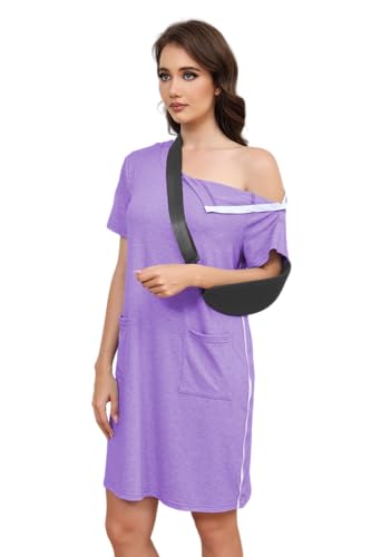 Fififlip Women's Post Shoulder Surgery Tear Away Dress Short Sleeve Full Open Side Snap Maternity Purple Large Dress Adaptive Nursing Nightgown Clothing with Pockets