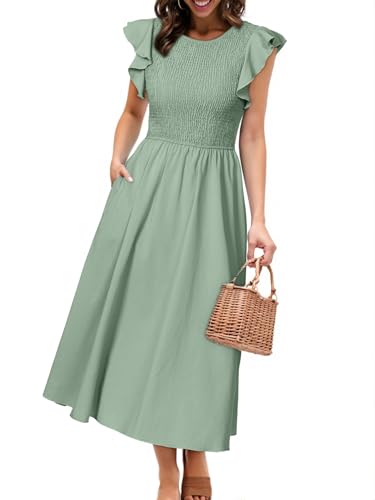 Image of Simplee Womens Striped Midi Summer Dress Linen Smocked Flutter Short Sleeve Dress Flowy Casual Dress with Pockets