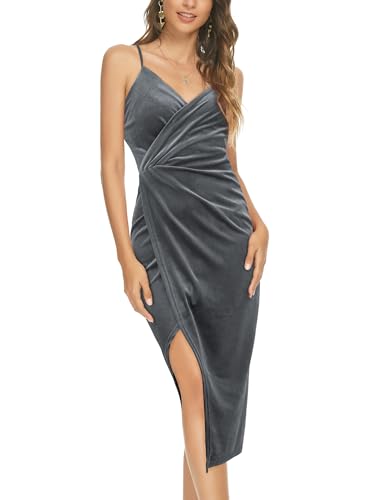 Image of Missufe Women's Sleeveless Spaghetti Strap Wrap V Neck Bodycon Ruched Slit Midi Party Cocktail Velvet Dress