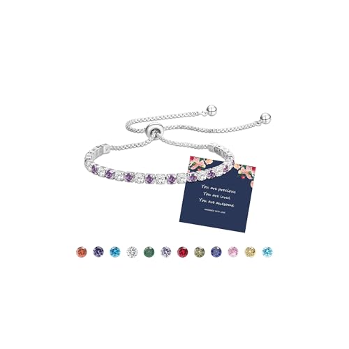 Image of Fehki Silver Bracelet for Womens Silver Tennis Birthstone Dainty Crystal Zirconia Bracelets Birthday Christmas Valentine's Day Jewellery Gift for Mum Sisters Girlfriend