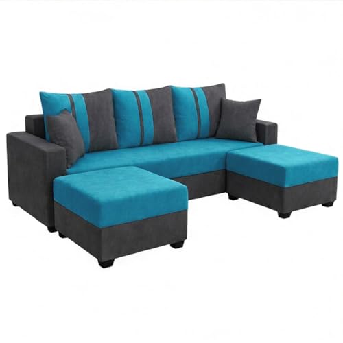 Image of Zenix 5 Seater L Shape Sofa Set with 2 Movable Ottomans | Flexible Layout | Rich Velvet Suede Fabric | Silver Legs | Spacious Seating | Modern Sofa for Living Room (Dark Grey-Aqua Blue)