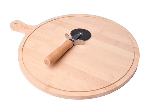 Cloober Tabla de madera para pizza y cortador pizzas, plato para pizza con cortador (30 cm diametro)