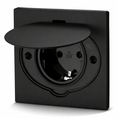 Edelstahl Einbausteckdose, Bodensteckdose IP44, Klappdeckel, Steckklemme, schwarz