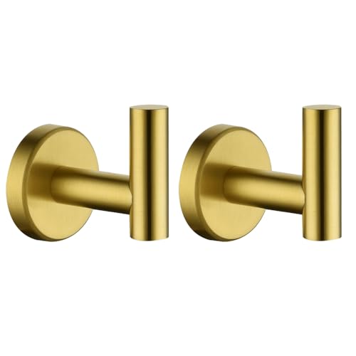 JQK Bathroom Towel Hook Brushed Gold, Brass Coat Robe Clothes Hook for Bathroom Kitchen Garage Wall Mounted (Pack of 2), SUS 304 Stainless Steel 0.8mm, TH100-BG-P2