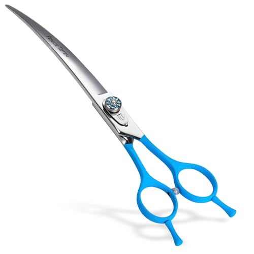 Fenice Totem Professional Pet Grooming Curved Scissors, JP440C Alloy Steel, Blue Ergonomic Handle, Sharp and Durable for Dog Grooming (7.0