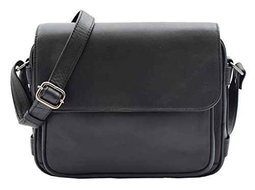 Image of Womens Cross Body Real Leather Messenger Bag Flap Over Organiser ASST Colours HOL325 (Black)