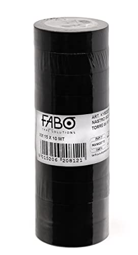Fabo 10 Rotoli Nastro isolante per elettricisti, 1.5 cm x 10 metri, Nero, Svolgimento Silenzioso, Resistente Al passaggio di Corrente Elettrica, Si Strappa con le Mani