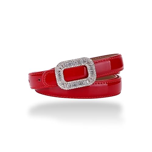 CaserBay Women's Belt Dress Genuine Leather Skinny Patent Leather Belts Gold Rectangle Shiny Rhinestone Buckle Waistband, Red, For Waist 32