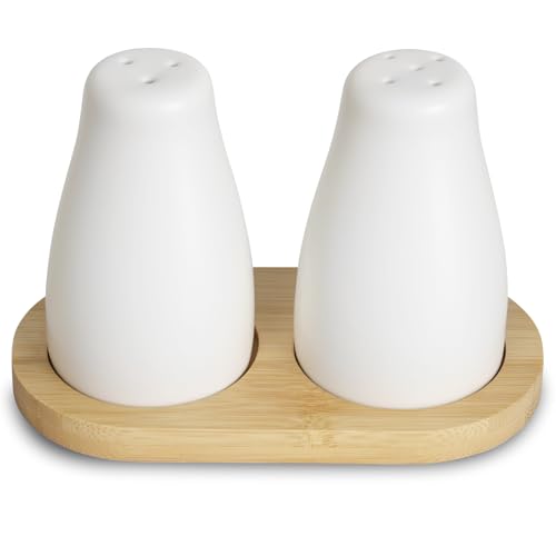 YYTECH Ensemble salière et poivrière en céramique, salière et poivrière blanche, salière et poivrière avec plateau en bambou et autocollants, pour...