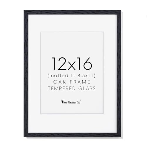 Fun Memories Black Picture Frame 12x16, Oak Wood 12"x16" Photo Frame for Wall, 12x16 Frame with Mat for 8.5x11, 12 x 16 Poster Frames - Tempered Glass (Black, 1 Pack)