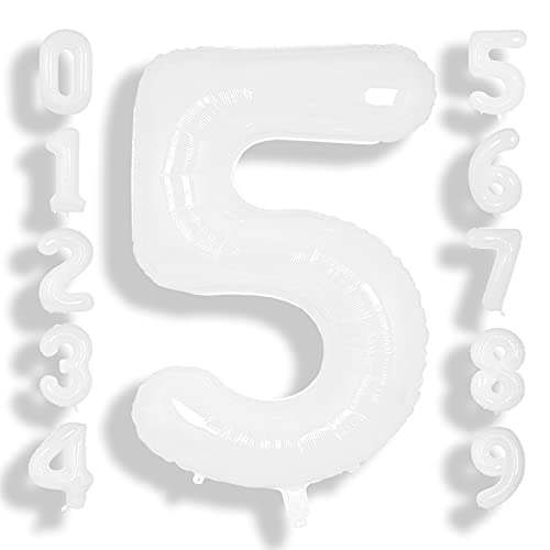Image of SUWEN 40 Inch White Large 5 Balloon Number Big Foil Helium Numbers 0-9 | Giant Jumbo Happy 5th Birthday Party Decorations for Men or Women Huge Mylar Anniversary Party Supplies