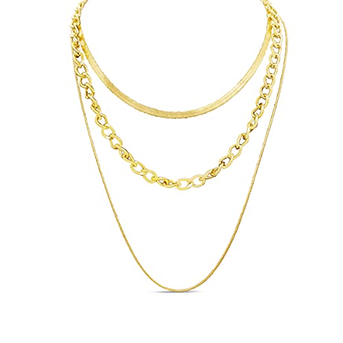 Layer Necklace Dainty Layered Necklaces Endless Layer Necklaces - Yellow Gold Tone Triple Strand Layer Necklace With Herringbone and Link Chains, 18 Inches, Includes Free Chain Anklet!