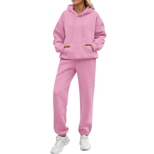 Tracksuit,Jogging Damen Anzug Set,Jogginganzug Damen Trainingsanzug Damen Pullover Sweatshirt und Jogginghose Warm Vlies Kleidungsset mit Taschen,Pink,L