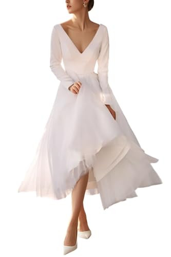 Womens Satin Long Sleeves Wedding Dresses for Bride Tea Length A Line Tulle Formal Bridal Gowns Ivory Midi Courthouse Wedding Dress with Sleeves US14