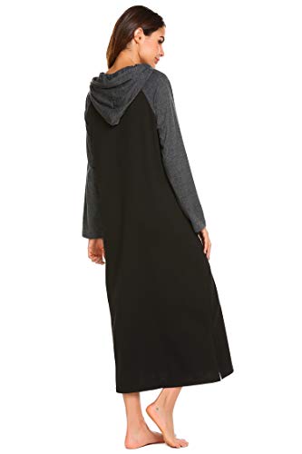 Ekouaer Womens Modal Long Sleeve Nightgown,Casual Full Length Long Sleep Dress, Black, XX-Large