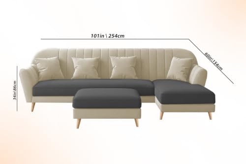 Image of Atticus RHS 6 Seater L Shape Sofa Set with Ottoman Living Room (Cream Black Colour Fabric) Premium Fabric Sofa Set for Living Room