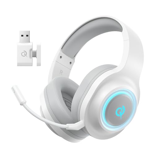 QCY Casque Gaming,Casque sans Fil 2,4 GHz pour PS5,PS4,PC,Switch,réduction de Bruit Amovible avec Micro,Son Surround 7.1,autonomie de 240 Heures,lumières RVB - Blanc