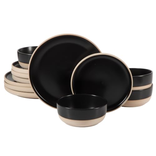 Image of Gibson Home Plates and Bowls Set, 12 Piece Dinnerware Set for 4, Black