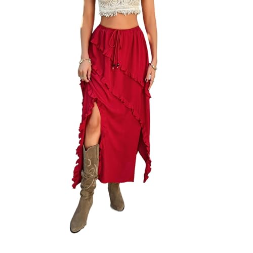 Women's High Waist Split Ruffle Skirts Y2k Summer Boho Drawstring Flowy Midi Skirt 2025 Trendy Vacation Outfits