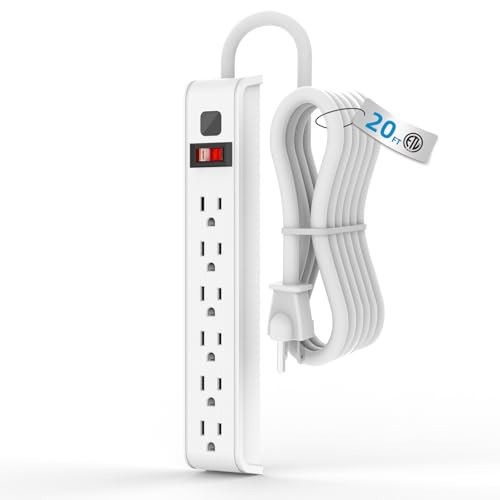 TiFFCOFiO Surge Protector Power Strip 20 Feet Extension Cord 600 Joules Surge Protection Multiple Protection 6 Outlet Strip 14 AWG Cord 15A/1875W ETL Listed