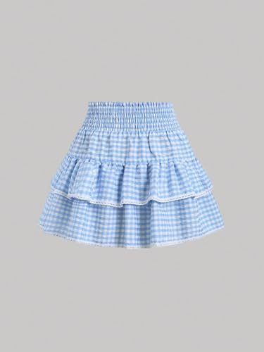 Women's Y2K Gingham Skirt Plaid Ruffle High Waist A-Line Cake Mini Skirts with Lace Hem2