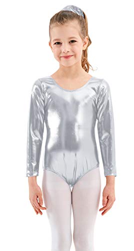 Javly Girls Long Sleeve Shiny Metallic Spandex Gymnastics Leotard Dancewear Bodysuit for Kids Sliver,L