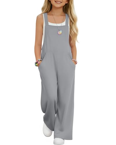 YooAurvox Girls Overall Jumpsuit Straight Leg Sleeveless Knit Pants for 5-16 Years Kids Casual Basic Rompers with Pockets(15-16 Y Gray)