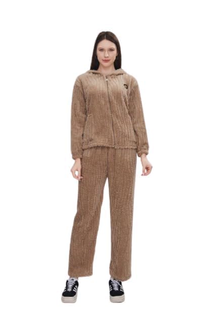 disolve Warm Hooded Night Suit Women Full Zip Pajama Cozy Fleece(Khaki)-picture-15