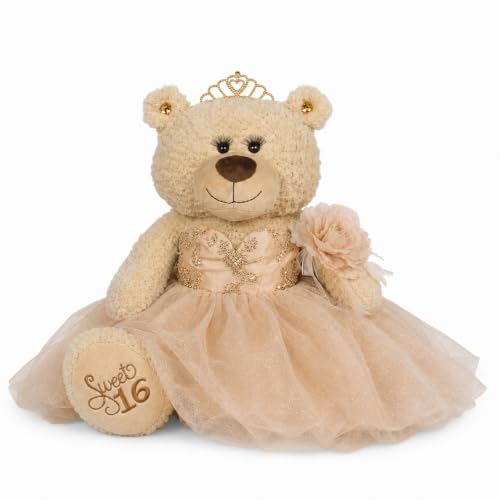 KINNEX COLLECTIONS SINCE 1997 Sweet 16 Teddy Bear Dressed in an Elegant Dress with Sweet 16" Embroidered on its Foot (Centerpiece) B16632A-34G (Champagne)