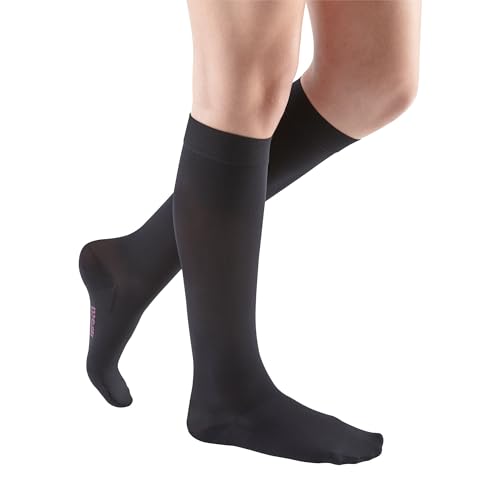 Image of Mediven Comfort Women's 20-30 mmHg Knee High Compression Stockings, Closed Toe, Semi-Transparent, Soft & Breathable Support for Leg Circulation, Work & Travel, III, Petite, Ebony
