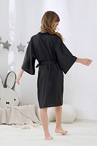 Alhavone Girl's Kid's Silky Satin Solid Color Short Kimono Robe For Wedding Birthday Party Spa (Black, 14) #TOP3
