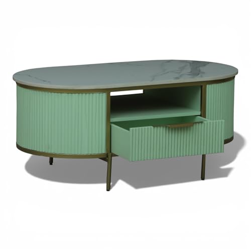 Image of Monaco Coffee Table | Premium Sintered Stone Top Center Table for Living Room | Sage Green with Gold Finish | 110 x 60 x 45 cm