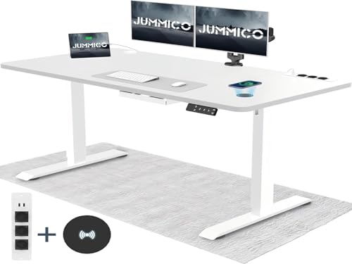 JUMMICO Höhenverstellbarer Schreibtisch mit Kabelloser Ladestation und Euro-Steckdose mit USB, Schreibtisch Höhenverstellbar Elektrisch Stehtisch, Standing Desk (Weiß 180x80cm)
