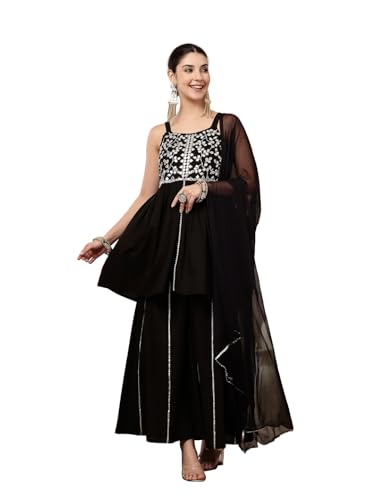 Stylum Women's Black Solid & Embroidered Rayon Short Kurti Sharara Dupatta Set
