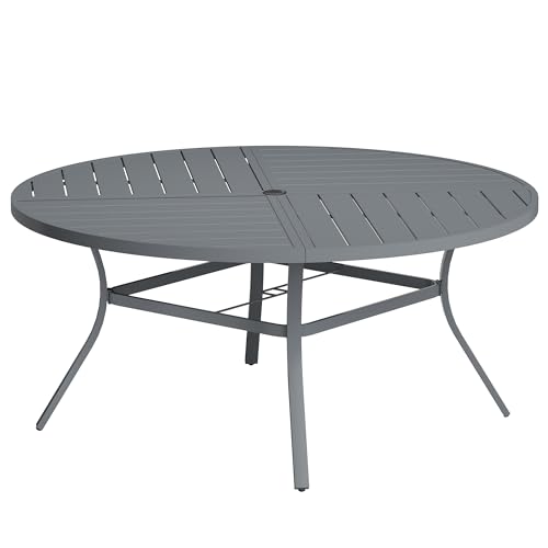Image of VICLLAX Round Patio Table with Adjustable Umbrella Hole for 8, All Weather Metal Outdoor Dining Table for Lawn Garden, 59.8 inch Outdoor Coffee Table, Grey Tabletop