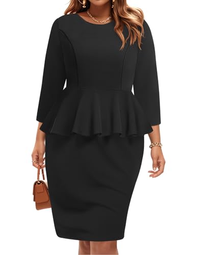 Pinup Fashion Business-Kleider für Damen, Übergröße, Kirche, Arbeit, Büro, Schößchen, Bleistift, U-Boot-Ausschnitt, knielanges Kleid, Schwarz,...