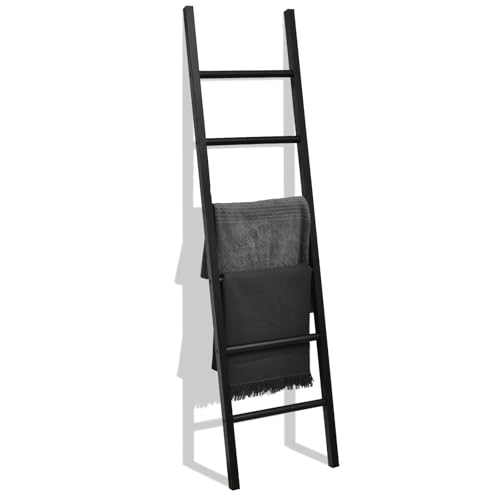 FUIN 6ft Wooden Black Blanket Ladder Living Room Decorative Wall Leaning Farmhouse Quilt Display Holder Rustic Wood Towel Rack for Bathroom