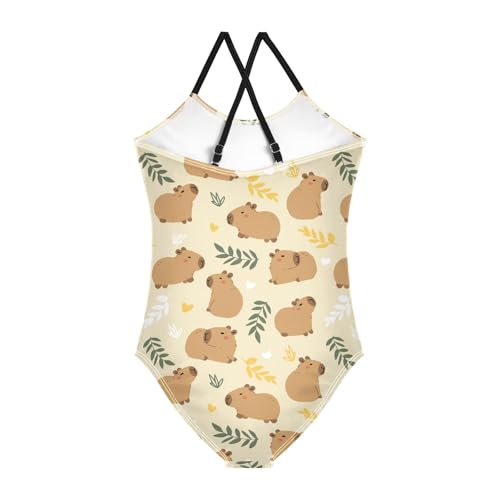 Image of Girls One Piece Swimsuits Cute Capybara Simple Flower Yellow Pattern Cute Swimwear Bathing Suits 3-10T